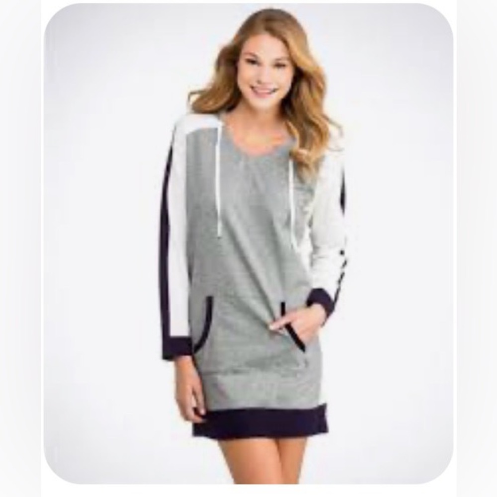 DKNY Color-Block Hooded Relaxed Shirt/Dress in Heather Gray, Blue & White  w Pkt - Picture 1 of 10